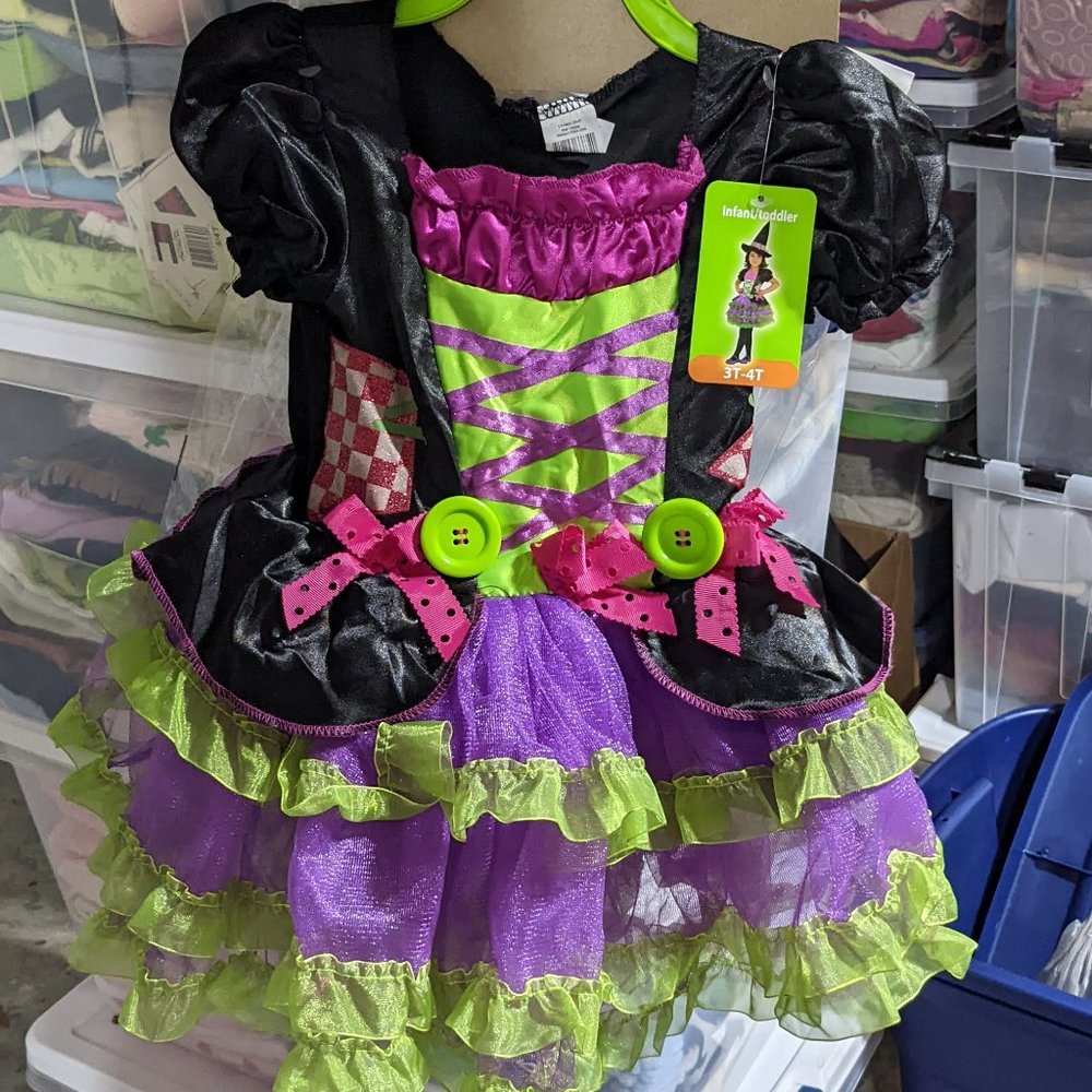 Toddler Stitch Witch Halloween Costume Cute Purple & Green Dress w/Hat   3T-4T